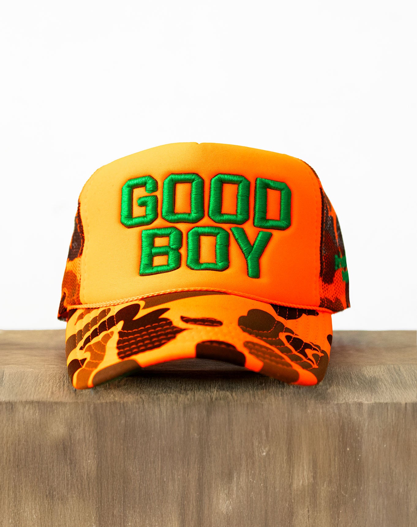 Good Boy Orange Camo Trucker Hat