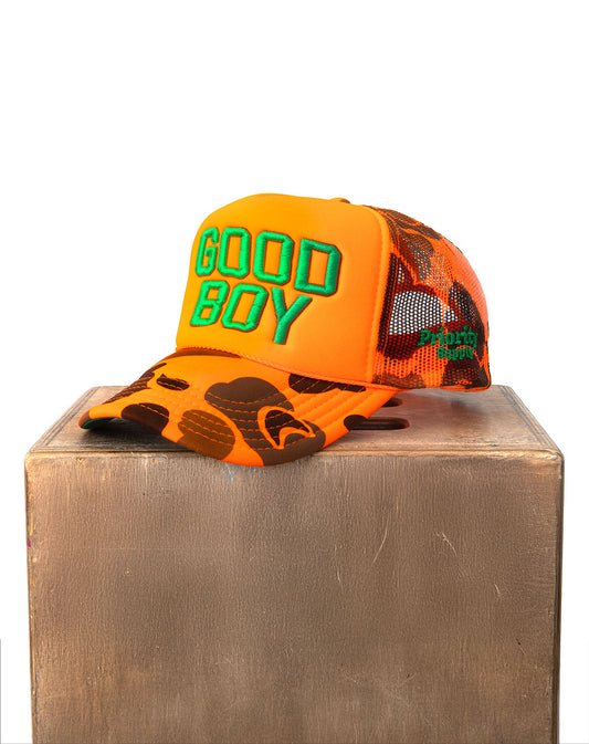 Good Boy Orange Camo Trucker Hat